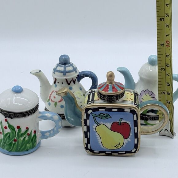Vintage Miniature Teapot Trinket Box Hinged Lid Set Of 4 Flowers & Fruit - Picture 10 of 11